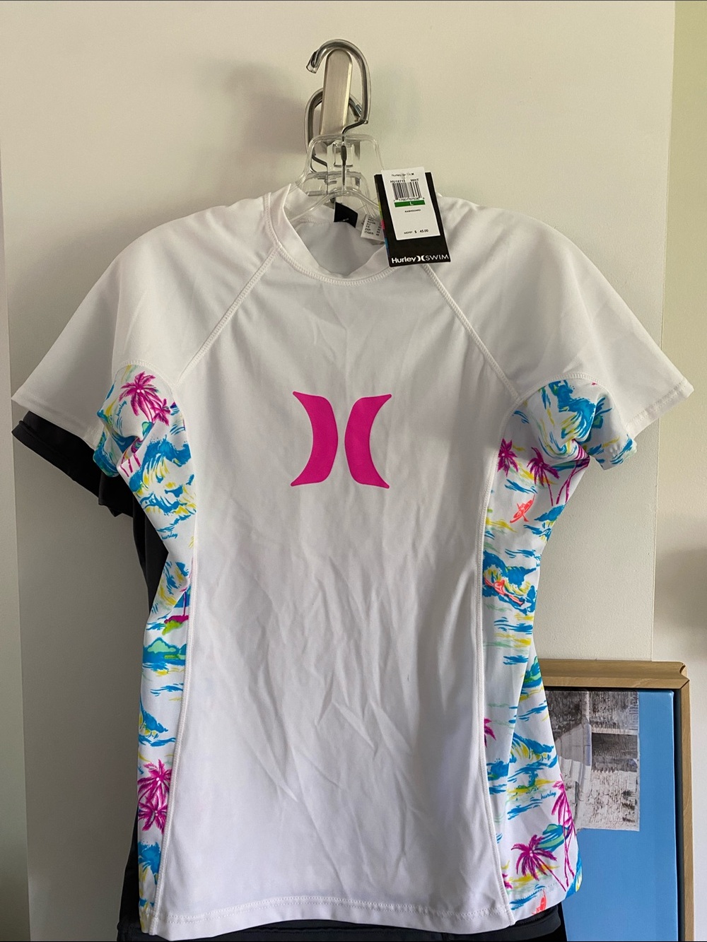 Hurley White Rash Guard with Pink Logo and Tropical Side Print